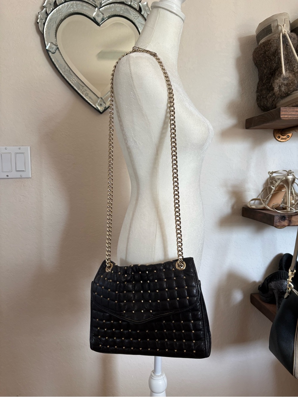 Rebecca Minkoff Shoulder Bag in Black adorned with Gold Studs and Gold Chain